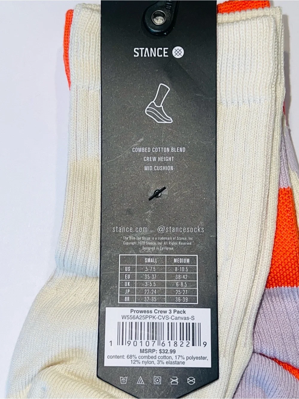 NWT Stance Prowess 3-Pack Crew Socks Women's Small in Coral Canvas